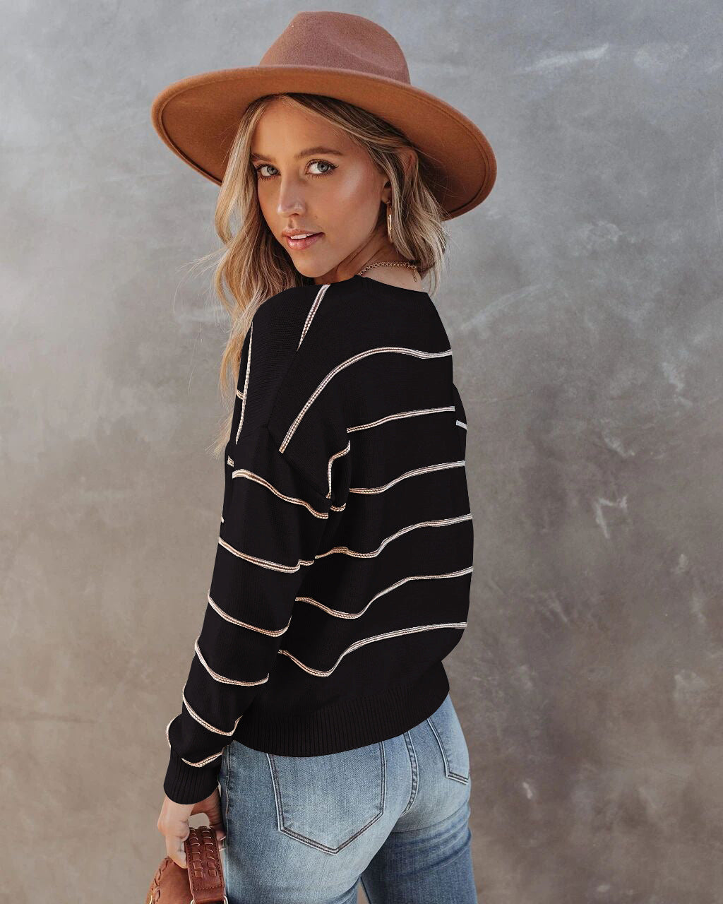 Striped Long-sleeved Pullover Core-spun Sweater