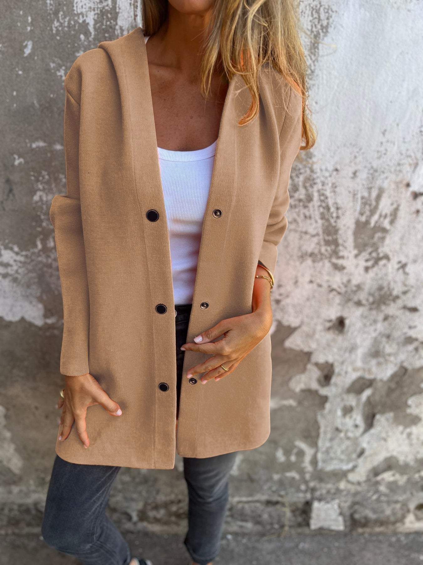 Hooded Single-Breasted Cardigan Fashion Loose Solid Color Jacket Women's Clothing