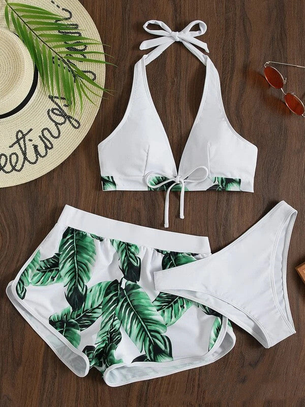 3pcs Leaf Print Bikini With Shorts Fashion Summer Beach Spandex Swimsuit Womens Clothing