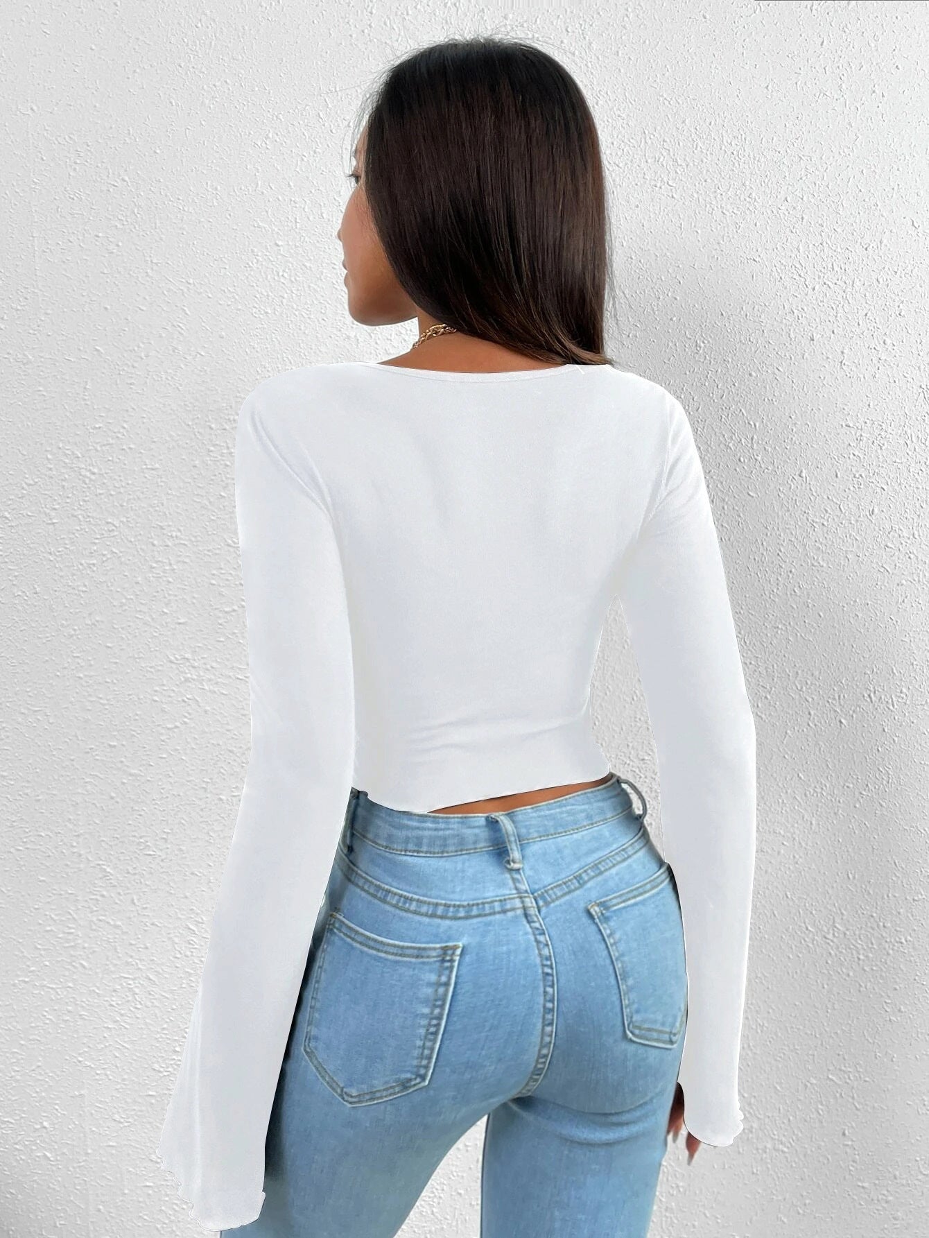 V-neck Flared Sleeves Waist Trimming Knitted Long Sleeve T-shirt