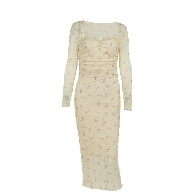 Retro Temperament Long Sleeve Pure Desire Printing Dress