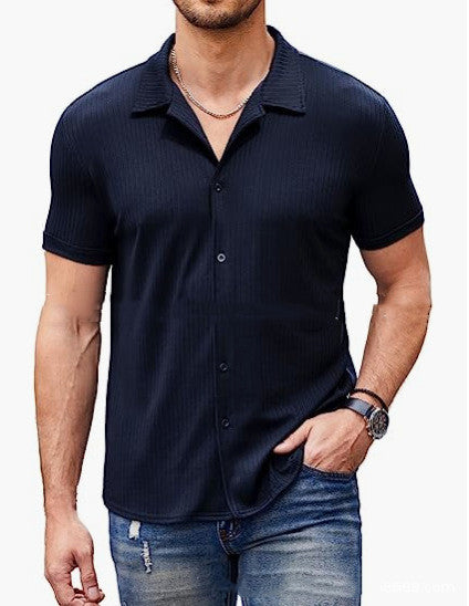 Casual Collar Short Sleeve Polo Shirt With Button Men's Cotton Blend Shirt