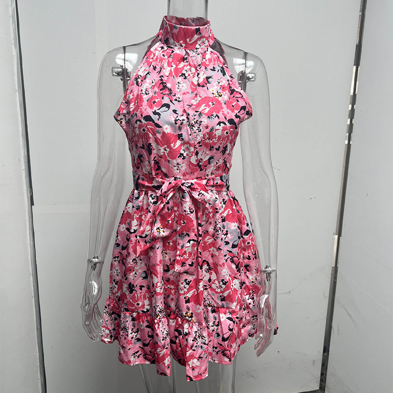 New Flowers Print Halterneck Dress Summer Fashion Temperament Lace-up Ruffled Dresses For Women - Online Shop AU.com