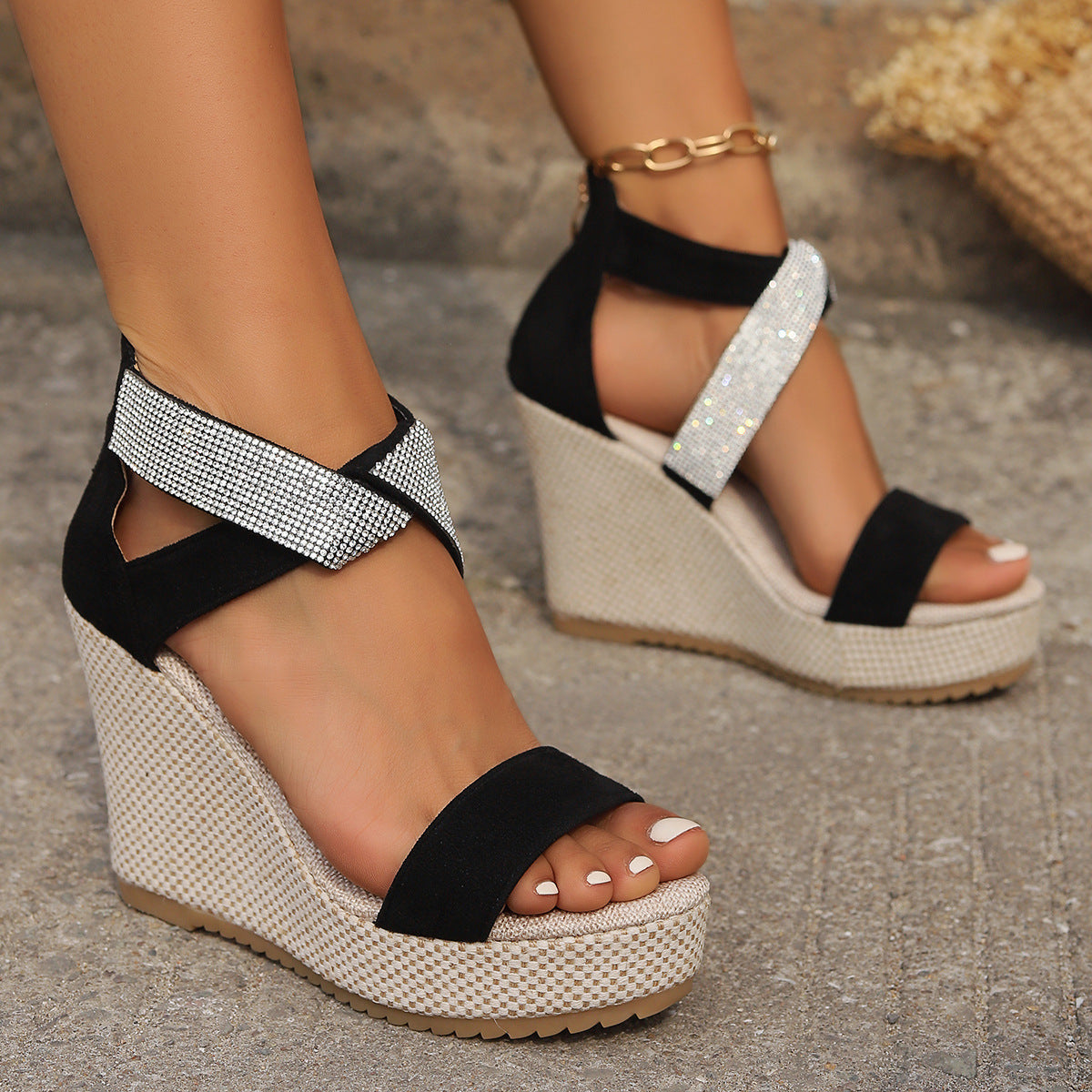 High Wedges Sandals With Rhinestone Design Fashion Summer Platform Shoes For Women