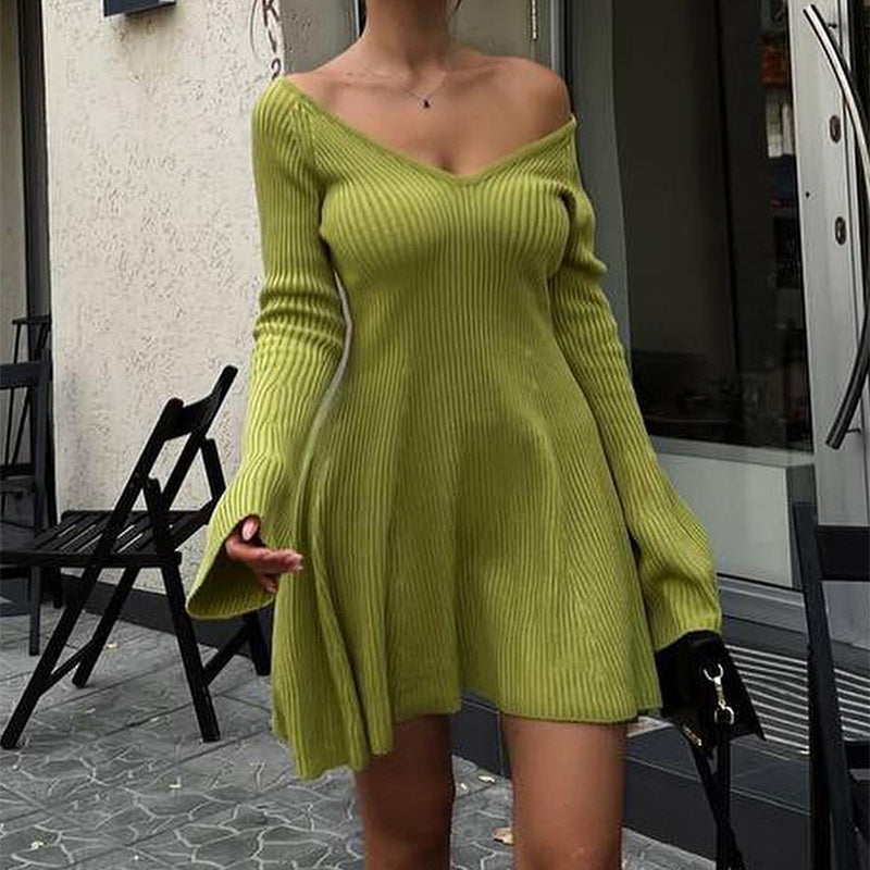V-Neck Long Sleeve Knitted Dress Fashion Tight High Elastic Ruffle A-Line Short Dresses Womens Clothing