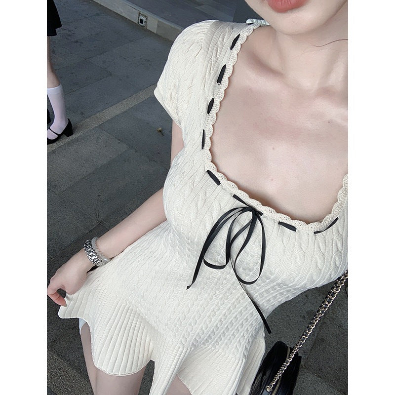 Sweet Short-sleeved Knitted Dress Waist-tight Sexy Square-neck - Online Shop AU.com