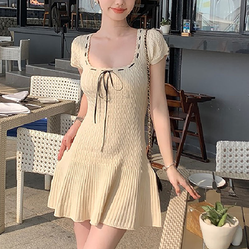 Sweet Short-sleeved Knitted Dress Waist-tight Sexy Square-neck - Online Shop AU.com