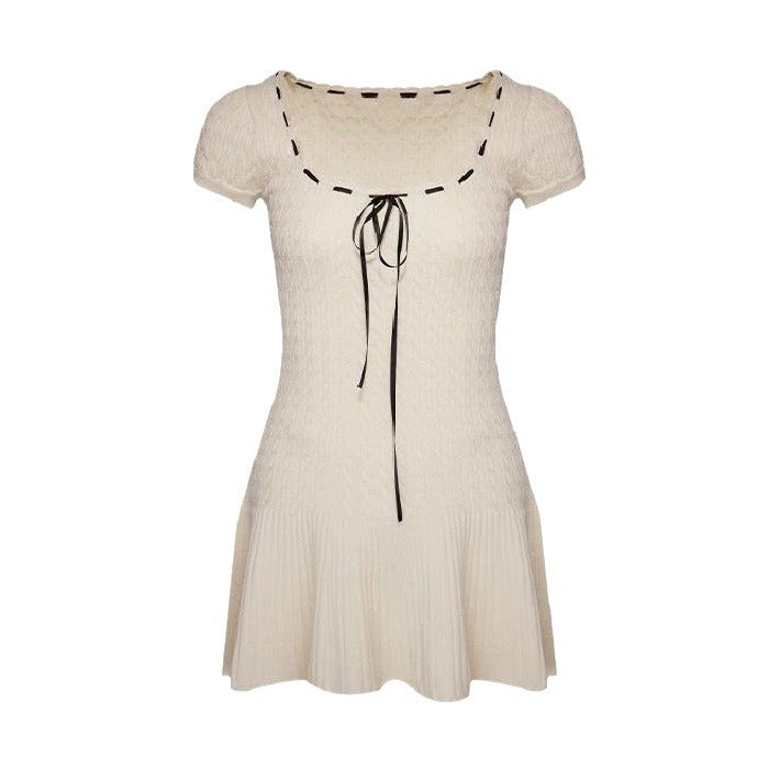 Sweet Short-sleeved Knitted Dress Waist-tight Sexy Square-neck - Online Shop AU.com