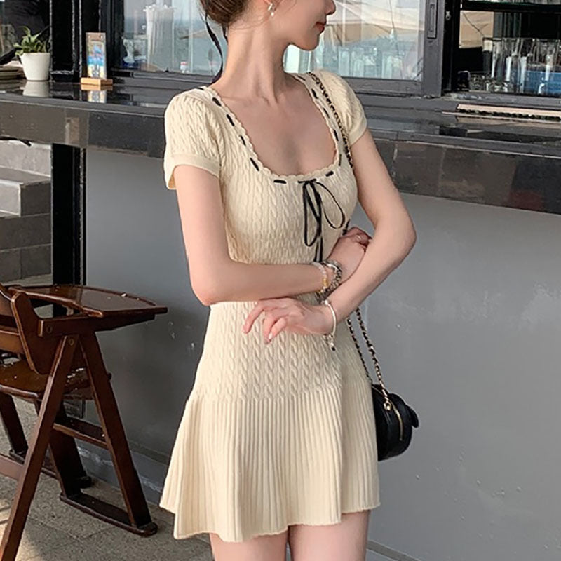 Sweet Short-sleeved Knitted Dress Waist-tight Sexy Square-neck - Online Shop AU.com