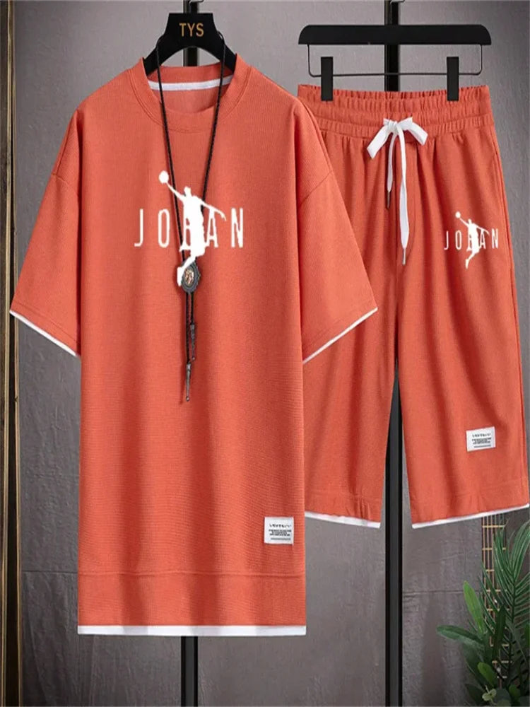 2024 Men's two-piece casual T-shirt and shorts set linen sportswear 2024 fashionable new summer short sleeved