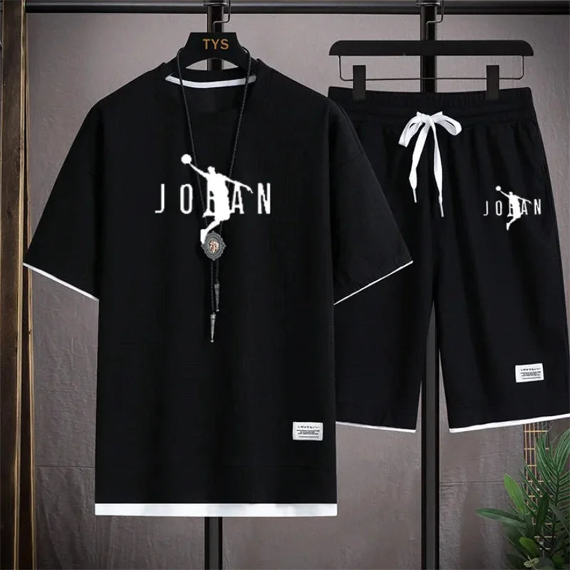 2024 Men's two-piece casual T-shirt and shorts set linen sportswear 2024 fashionable new summer short sleeved