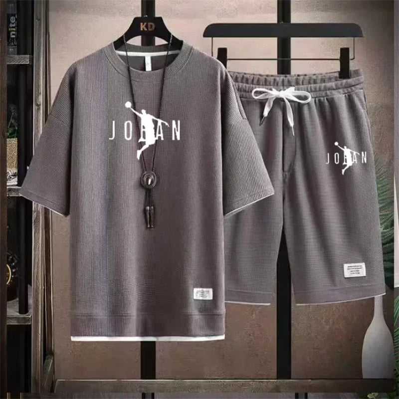 2024 Men's two-piece casual T-shirt and shorts set linen sportswear 2024 fashionable new summer short sleeved