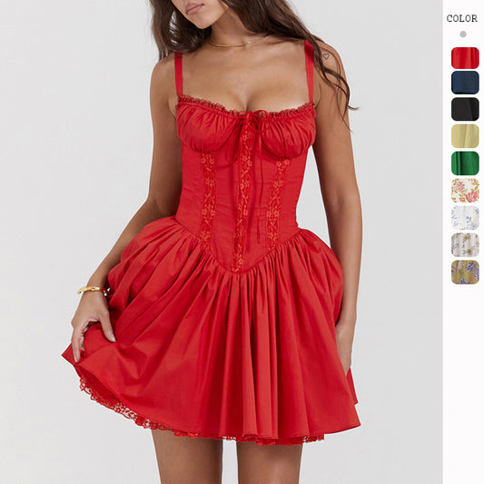 Sexy Lace Suspender Dress Summer Fashion Lace-up Slim Waist Pleated Short Dresses For Womens Clothing - Online Shop AU.com