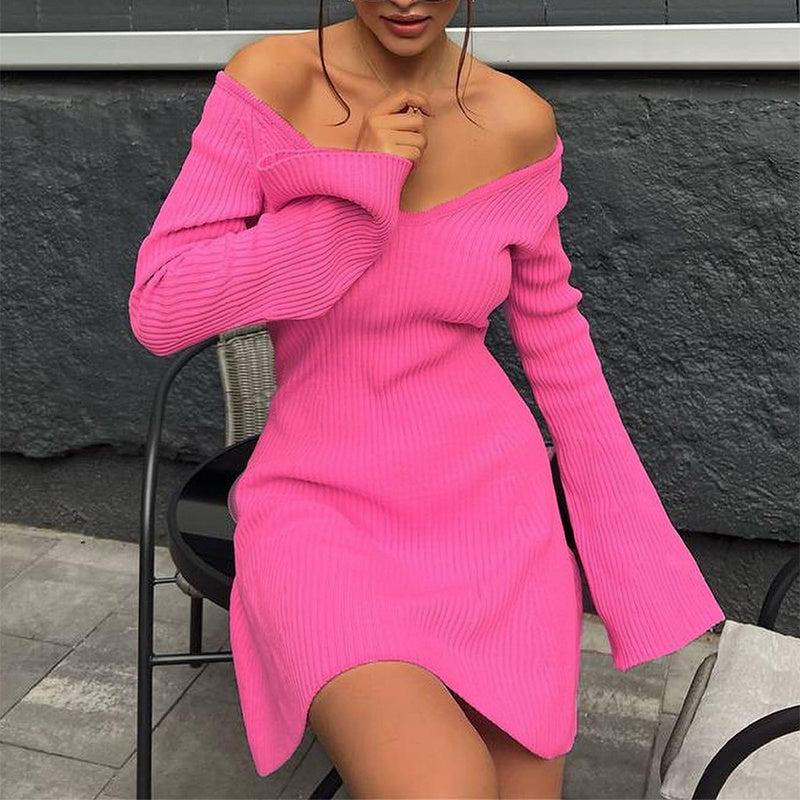 V-Neck Long Sleeve Knitted Dress Fashion Tight High Elastic Ruffle A-Line Short Dresses Womens Clothing