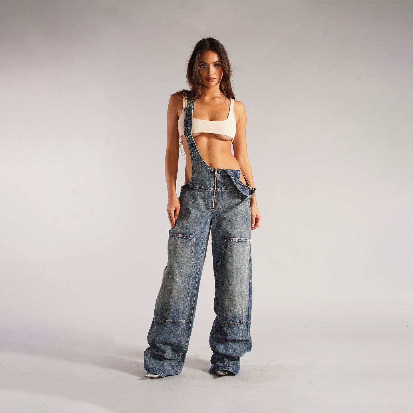 Denim Overalls With Pockets Fashion Loose Jumpsuit Streetwear Zipper Jeans Pants Womens Clothing