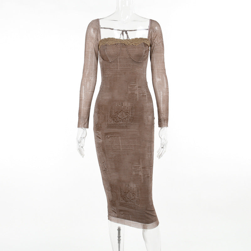 Woman Square-neck Lace Stitching Printing Long Sleeve Dress