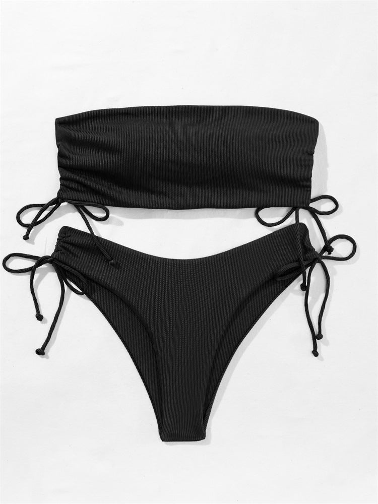 Summer Tube Bikini With Drawstring Design Solid Color Sexy Swimsuit For Beach Party Women's Clothing