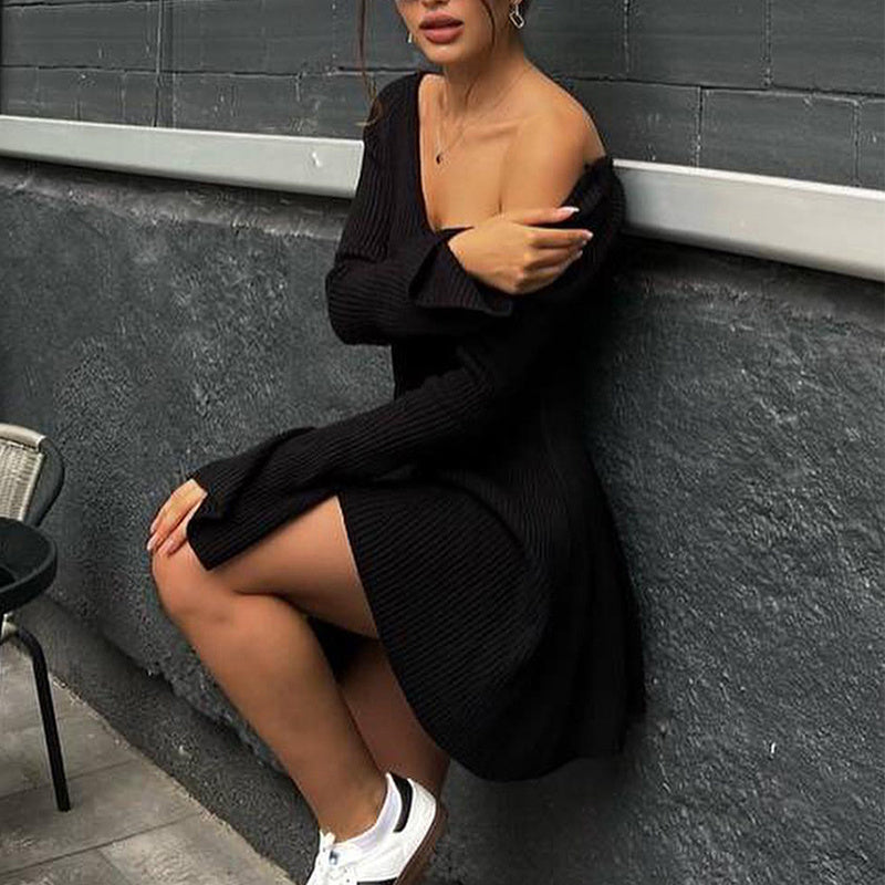 V-Neck Long Sleeve Knitted Dress Fashion Tight High Elastic Ruffle A-Line Short Dresses Womens Clothing