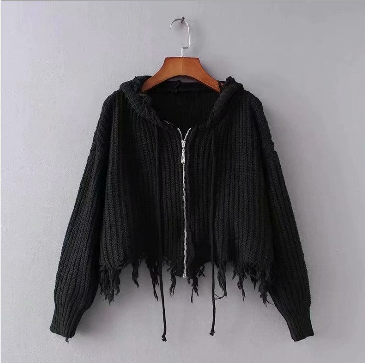 Hooded Tassel Zipper Sweaters Coat