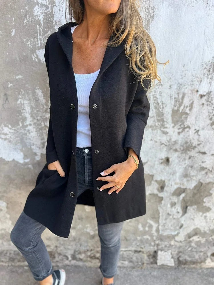 Hooded Single-Breasted Cardigan Fashion Loose Solid Color Jacket Women's Clothing