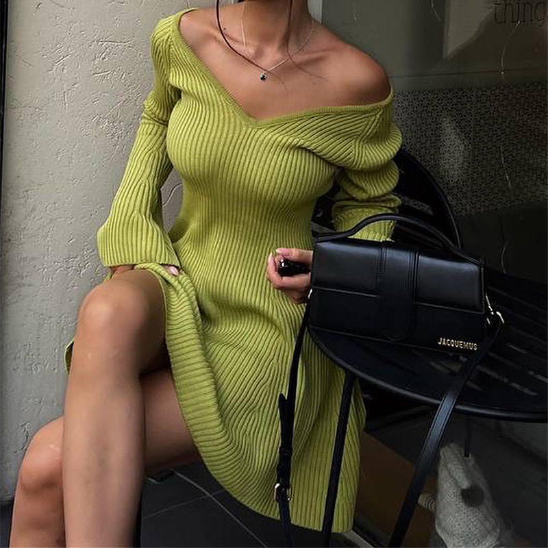 V-Neck Long Sleeve Knitted Dress Fashion Tight High Elastic Ruffle A-Line Short Dresses Womens Clothing