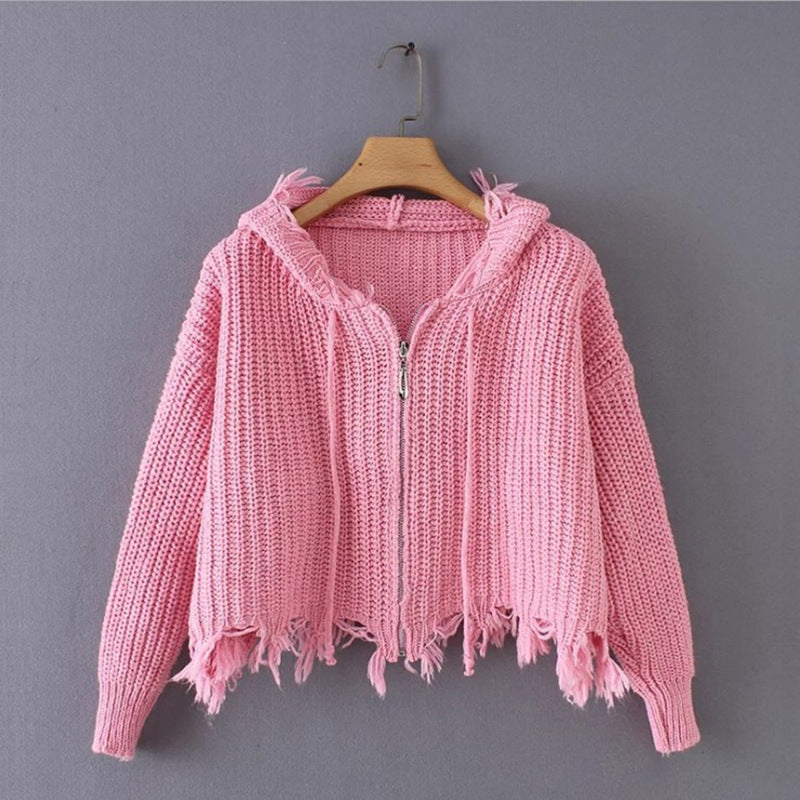 Hooded Tassel Zipper Sweaters Coat