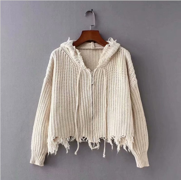 Hooded Tassel Zipper Sweaters Coat