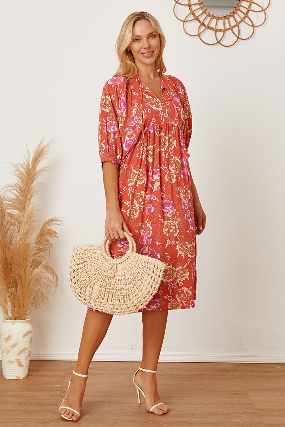 Floral Tie Neck Half Sleeve Dress - Online Shop AU.com - OnlineShopAU.com
