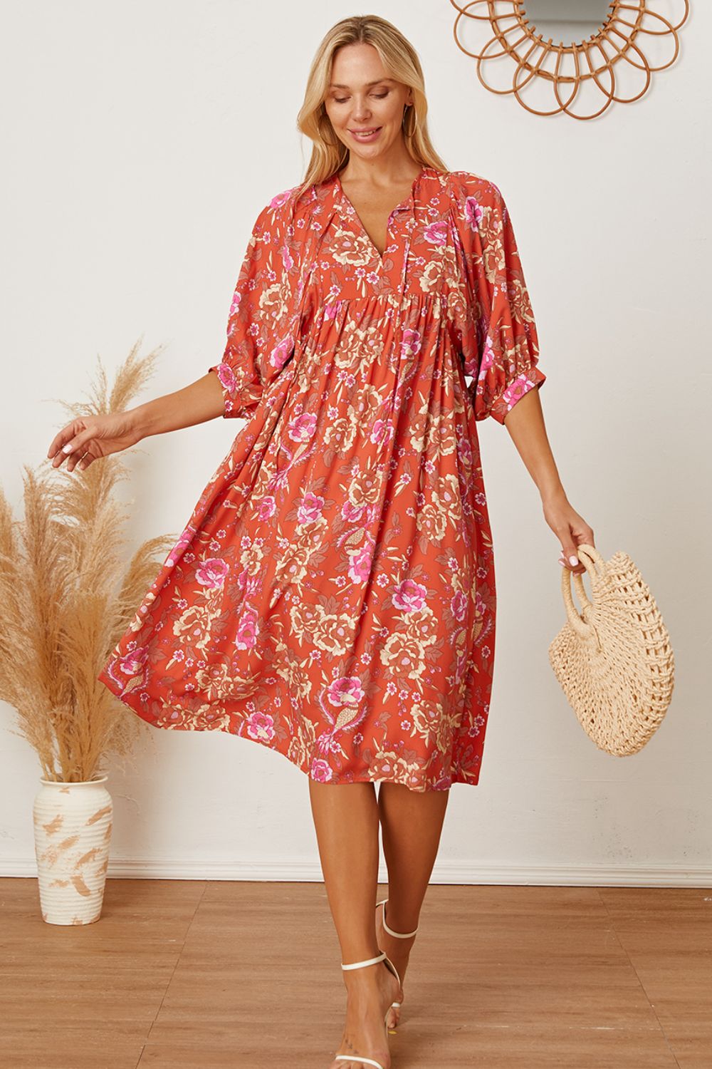 Floral Tie Neck Half Sleeve Dress - Online Shop AU.com - OnlineShopAU.com