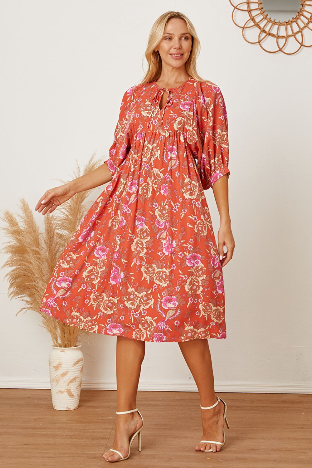 Floral Tie Neck Half Sleeve Dress - Online Shop AU.com - OnlineShopAU.com