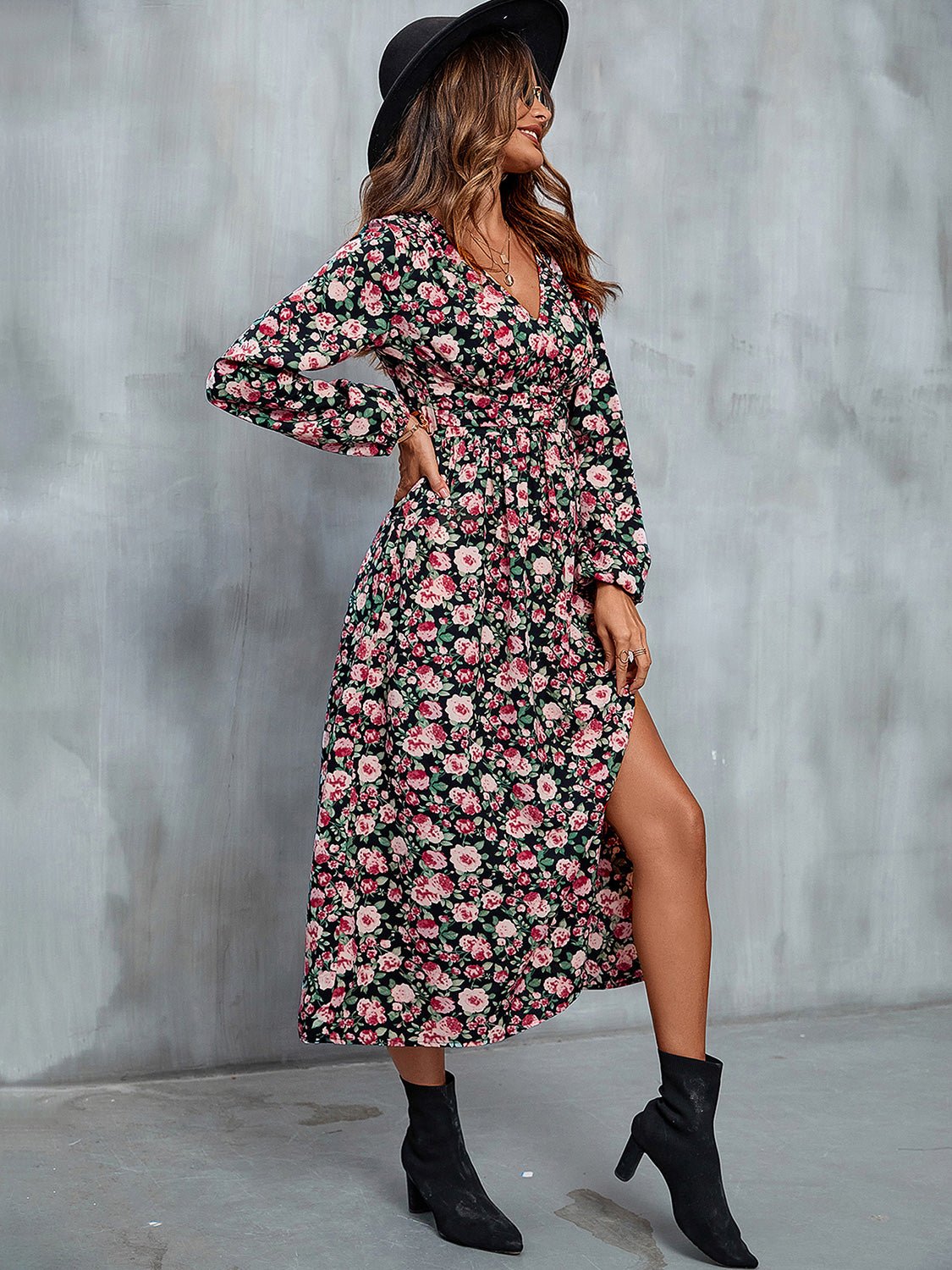 Perfee Floral V - Neck Slit Midi Dress - Online Shop AU.com - OnlineShopAU.com