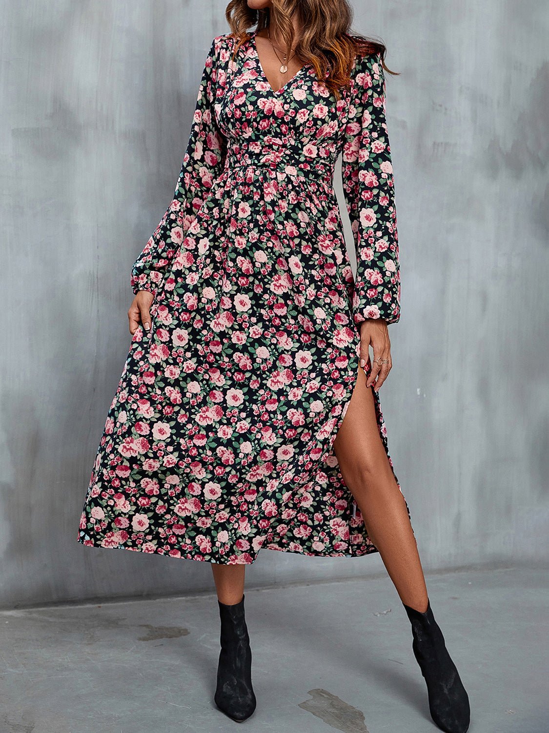 Perfee Floral V - Neck Slit Midi Dress - Online Shop AU.com - OnlineShopAU.com
