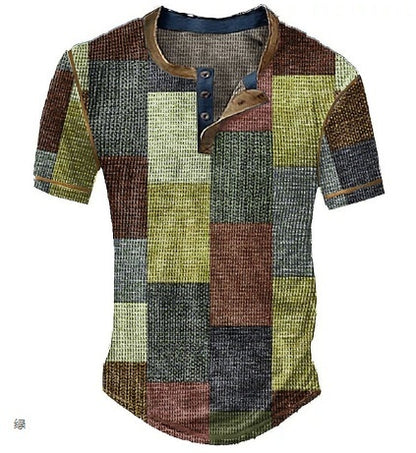 Men's Clothing Graphic Plaid Color Block Printed Men's Waffle Henley Shirt Short Sleeve