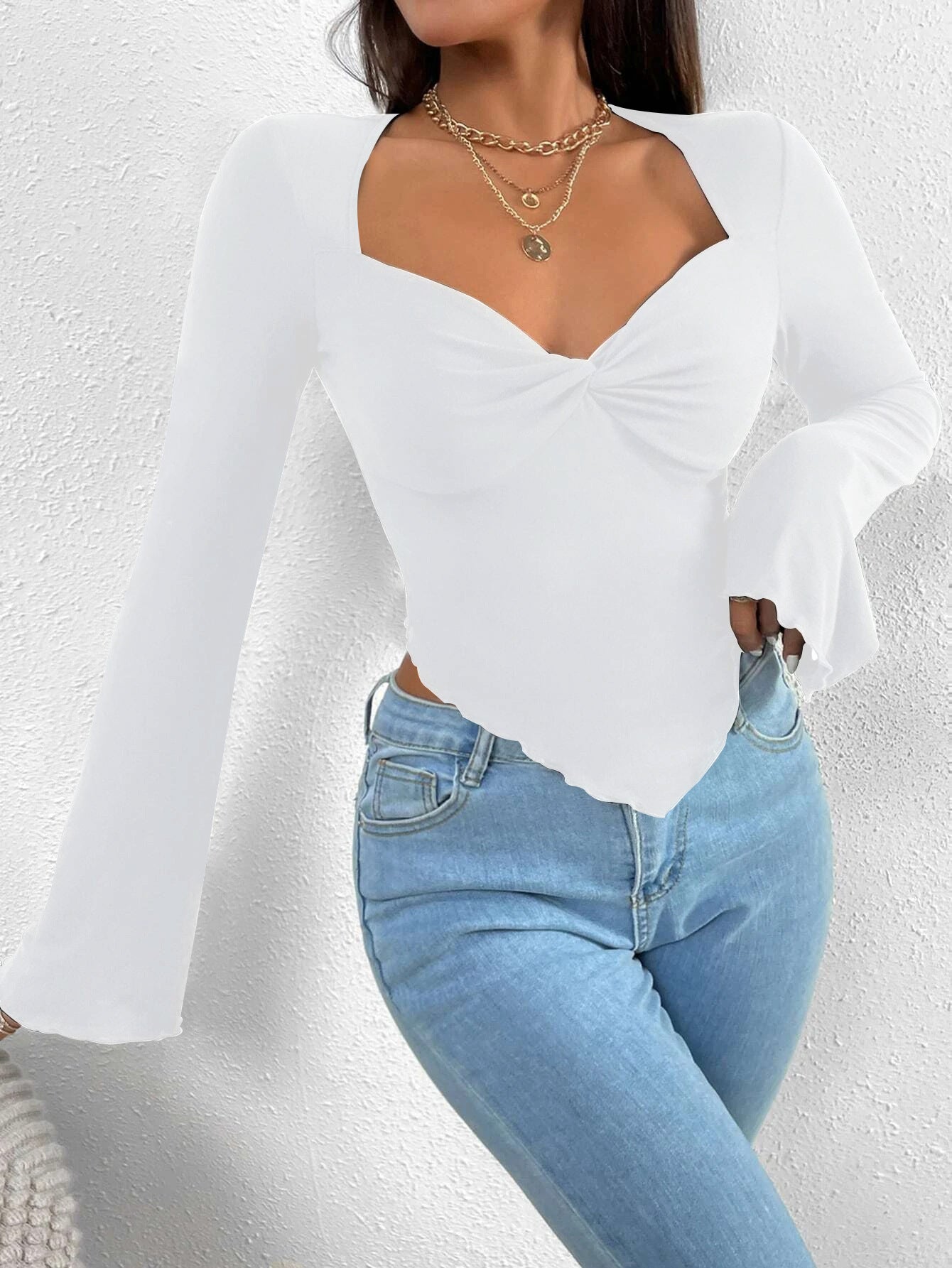 V-neck Flared Sleeves Waist Trimming Knitted Long Sleeve T-shirt