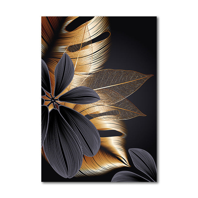 Tropical Plant Black Gold Big Leaf Triptych Decorative Painting Frameless Painting Core