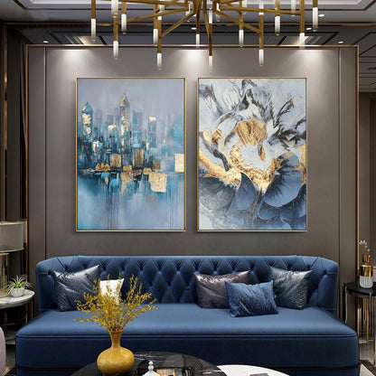 Modern Nordic Abstract Hand Painted Oil Painting Urban Architecture Gold Foil Light Luxury Entrance Decorative Painting Inkjet Drawing Core