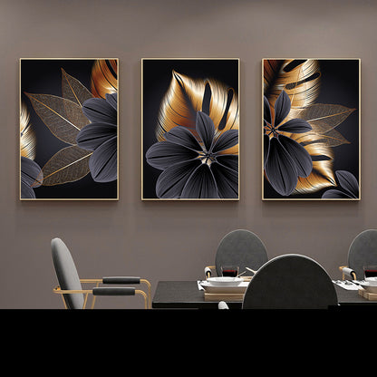 Tropical Plant Black Gold Big Leaf Triptych Decorative Painting Frameless Painting Core