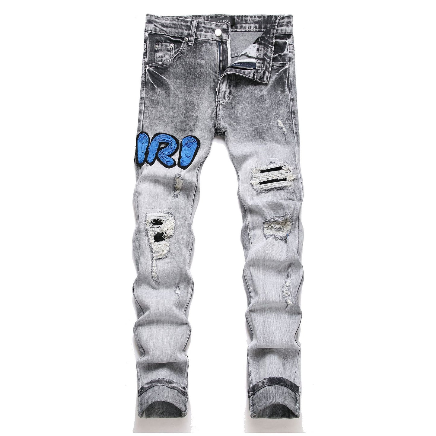 European And American Street Youth Slim Stretch Hole Patch Embroidery Grey Skinny Pants