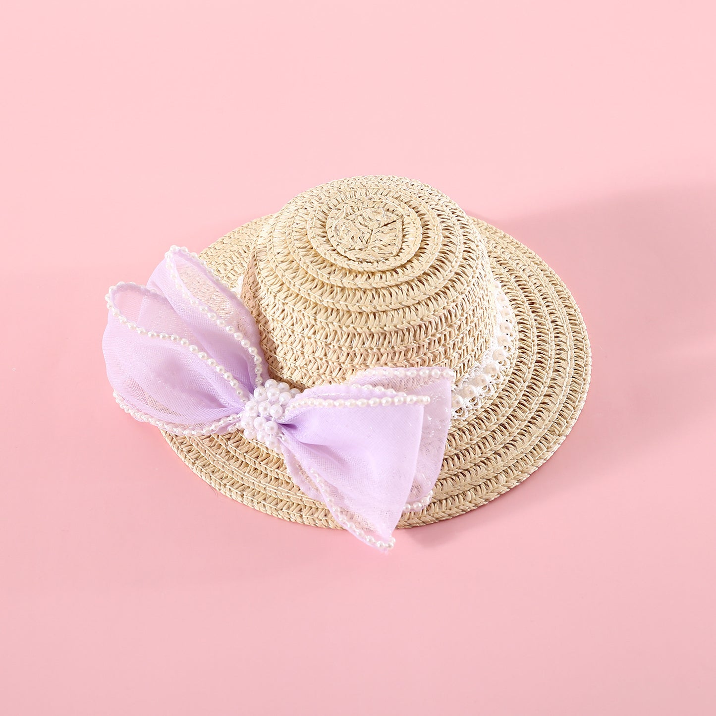 Pet Cat Lady Straw Hat Pearl Bow Woven