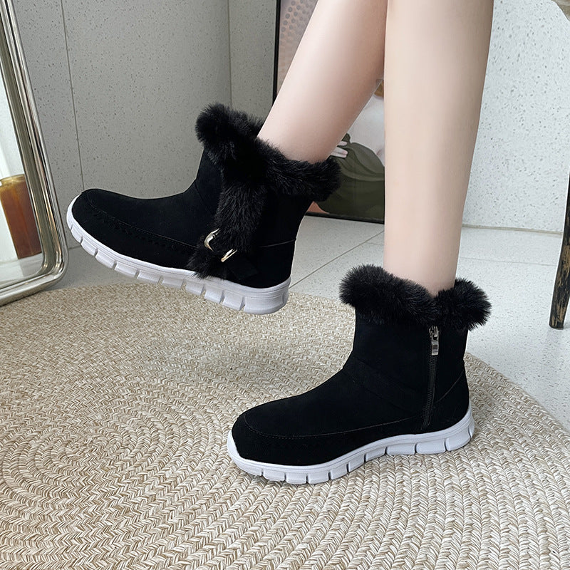 Snow Boots Winter Warm Thickened Solid Color Plush Ankle Boots With Buckle Design Plus Velvet Flat Shoes For Women