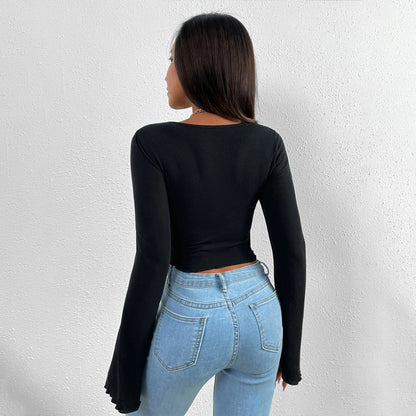 V-neck Flared Sleeves Waist Trimming Knitted Long Sleeve T-shirt