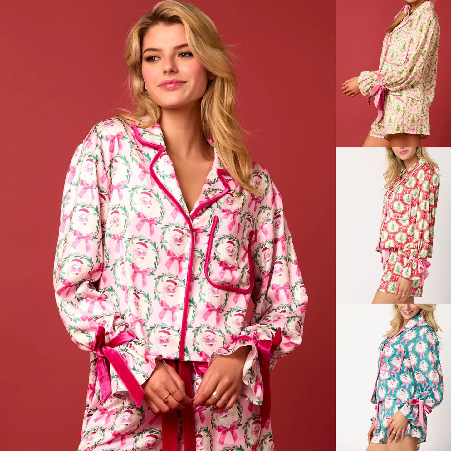 Christmas Pajama Set Santa Tree Print Lapel Neck Button-up Long Sleeve Tops Shorts Loungewear Outfit