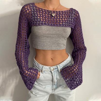 Solid Color Round Neck Long Sleeve Knitted Blouse