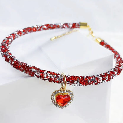 Cat Collar Heart Jewel Pendant Party Reflex Rhinestone Necklace