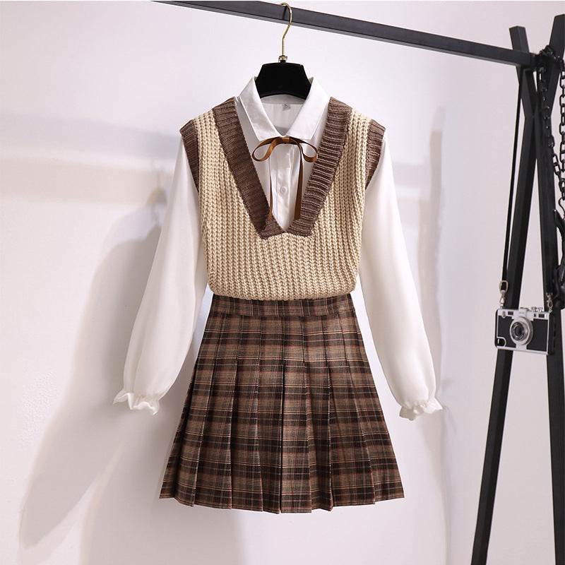 Three-piece A-line Umbrella Skirt Plaid Ladies Suit