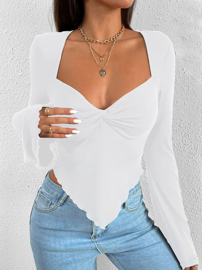 V-neck Flared Sleeves Waist Trimming Knitted Long Sleeve T-shirt