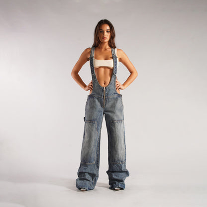 Denim Overalls With Pockets Fashion Loose Jumpsuit Streetwear Zipper Jeans Pants Womens Clothing