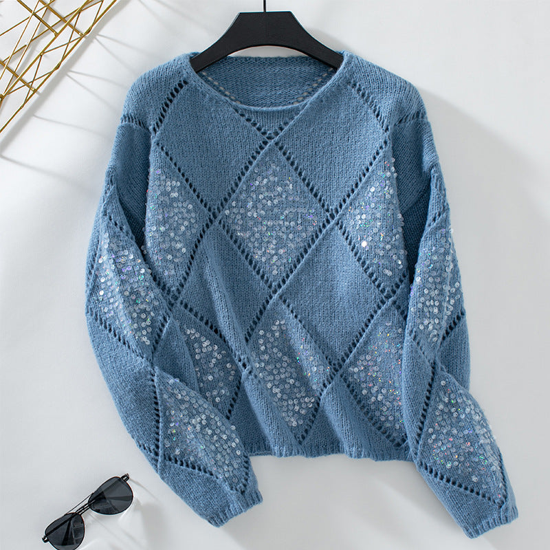 Fashion Hollowed-out Sequinned Knitted Rhombus Pullover Loose Sweater For Women