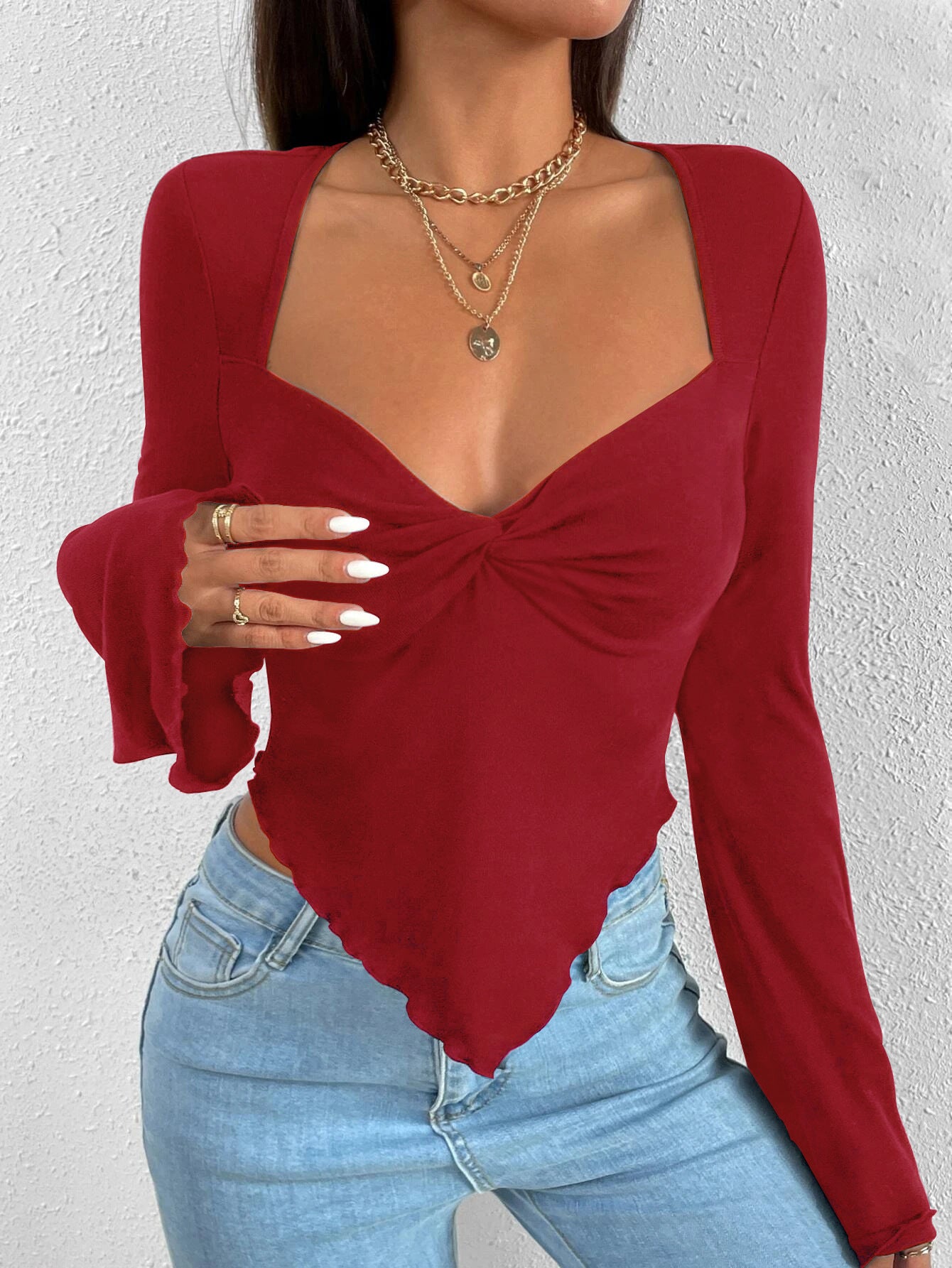 V-neck Flared Sleeves Waist Trimming Knitted Long Sleeve T-shirt