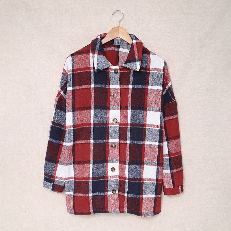 Women's Long-sleeved Lapel Button-breasted Plaid Shirt Jacket